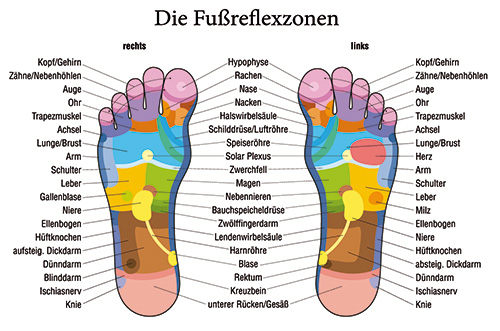 Bild zeigt eine Orientierungsskizze von Punkten, die bei einer Fußreflexzonentherapie besonders wichtig sind